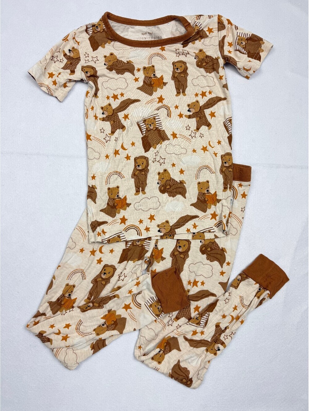 Little Sleepies Two Piece Pajama Set Size 5/6 Bears Stars Cream Brown Bamboo